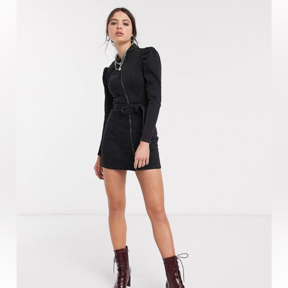 Bershka Black Denim Belted Puff Long Sleeve Dress- Large